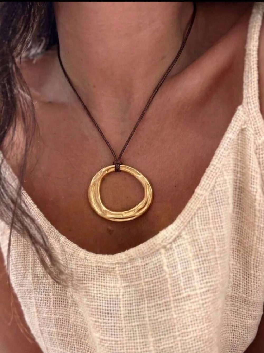 Hammered Circle Pendant Cord Necklace